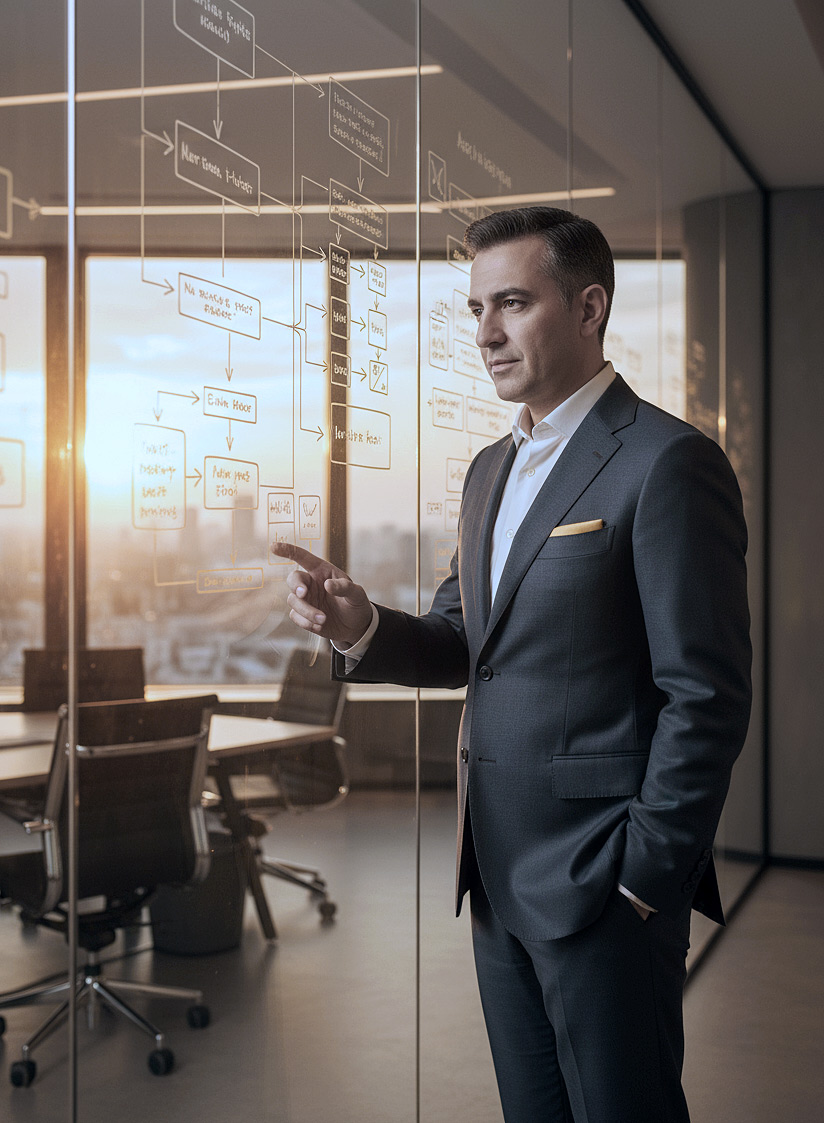 A narrative architect from Presentation Studio at a glass wall, deconstructing a client's challenge into a strategic flowchart that maps the narrative arc and solution engineering process.