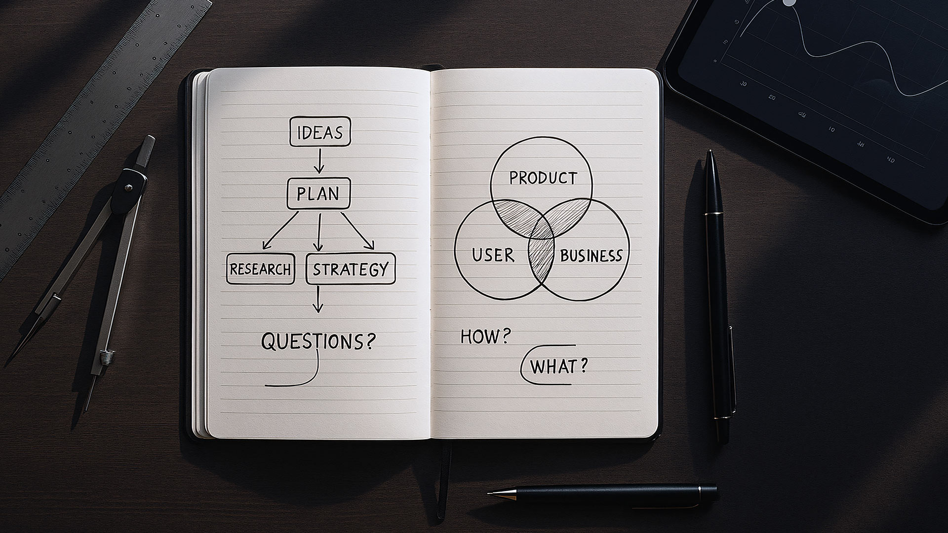  The strategic foundation for a presentation, visualized as an open notebook with a process flowchart and a Venn diagram balancing user, product, and business goals.