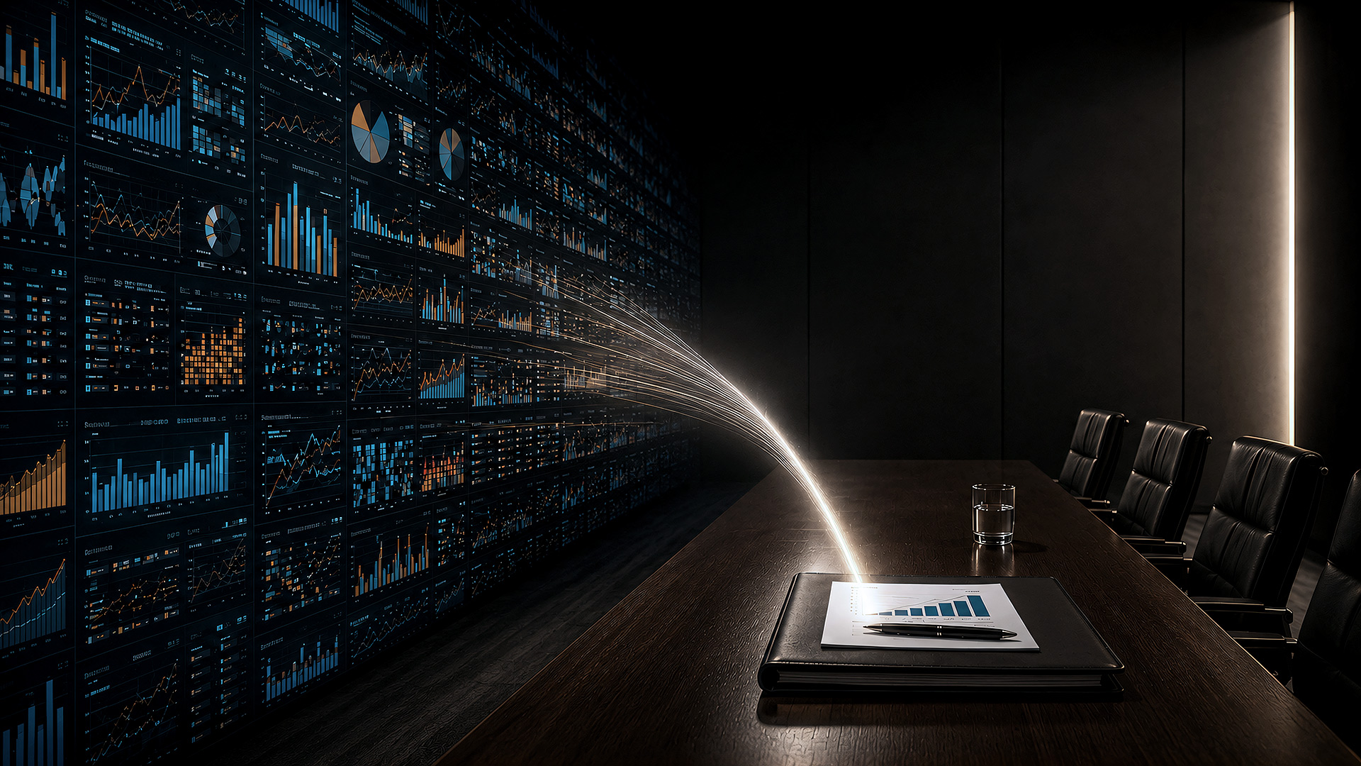 A premium boardroom scene where a wall of dense operational dashboards narrows into a focused beam landing on a single decision document, visualizing the transformation of data density into boardroom judgment.