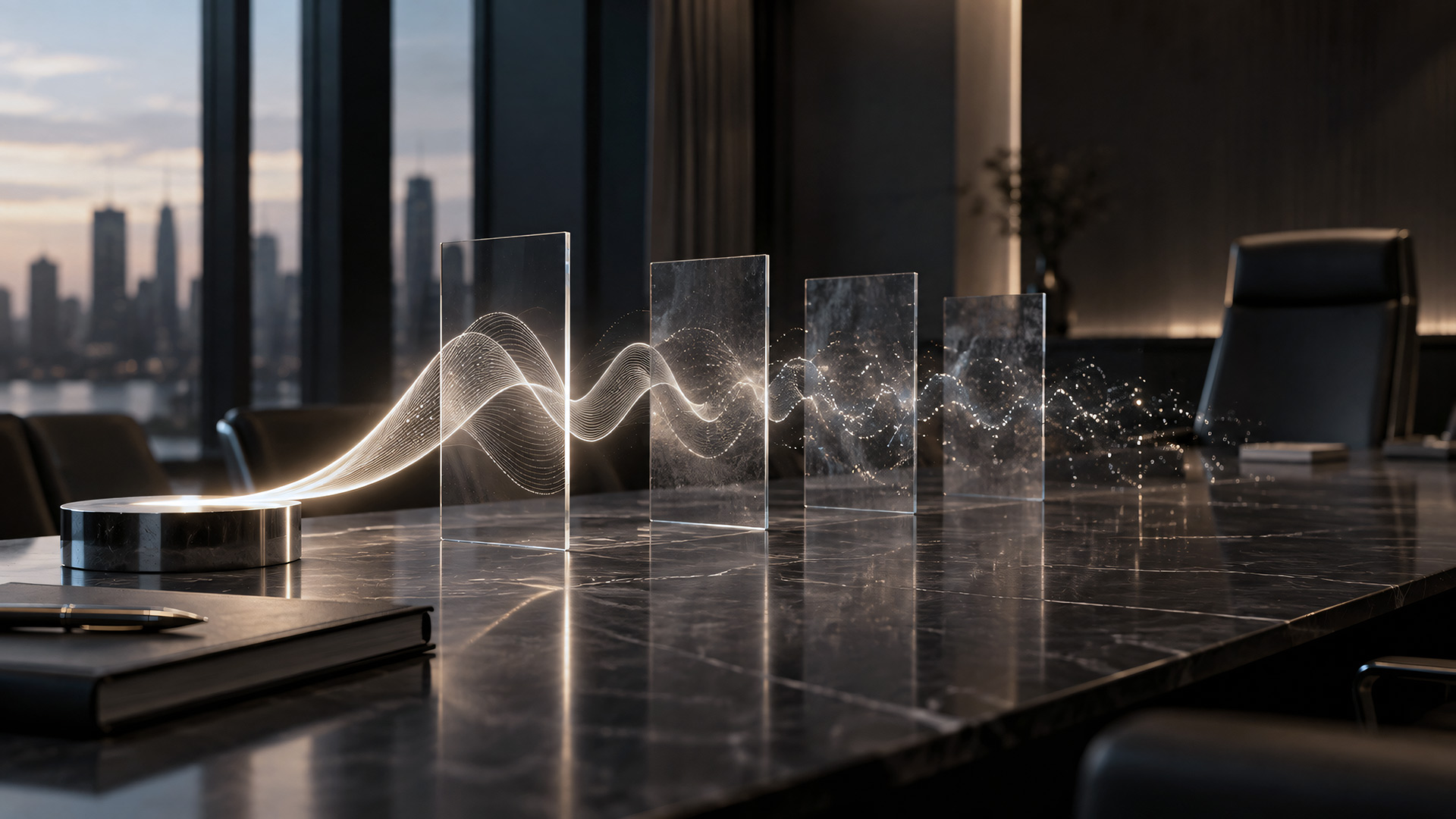 A dark executive boardroom with a structured light signal passing through a series of glass panels and gradually fragmenting, symbolizing how a sophisticated strategy can lose clarity as it moves through layers of interpretation.