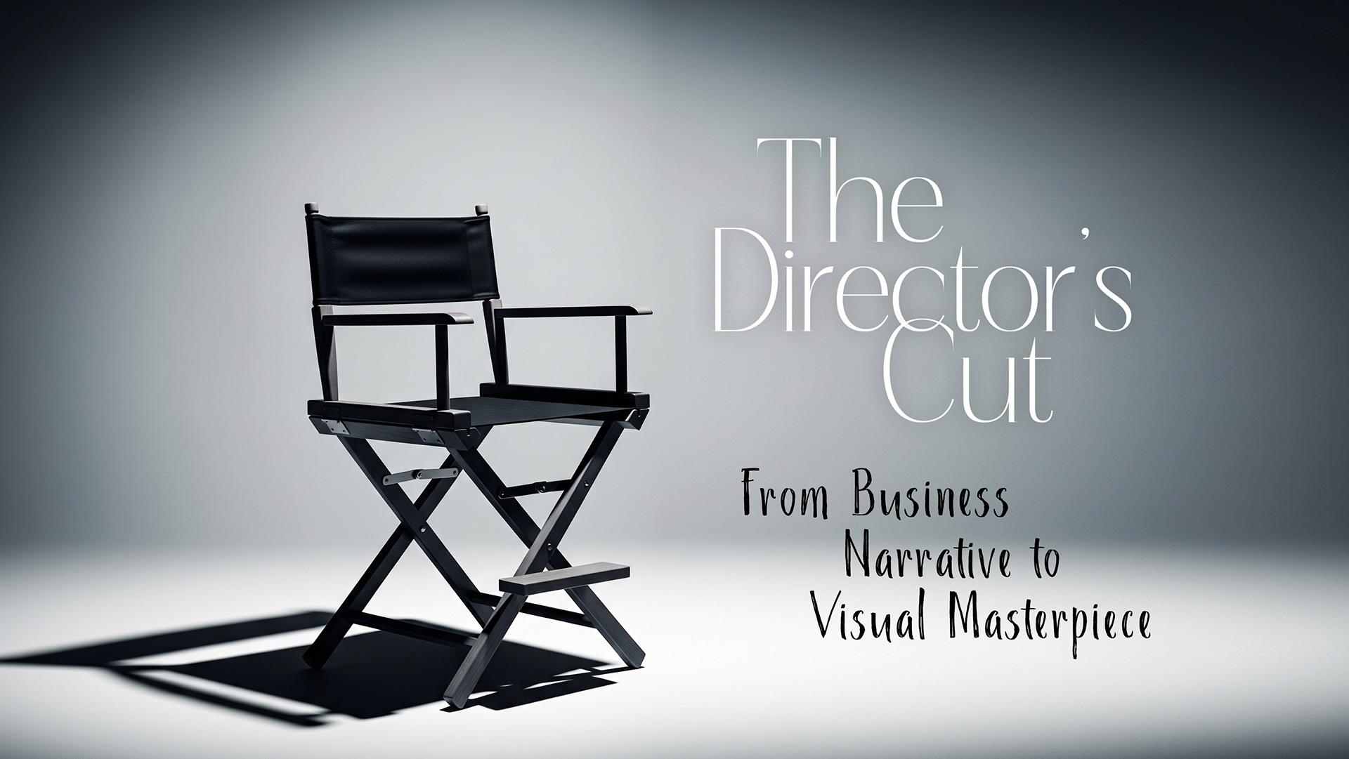 A classic black director's chair is spotlit against a dark, cinematic background. To the right, the title 