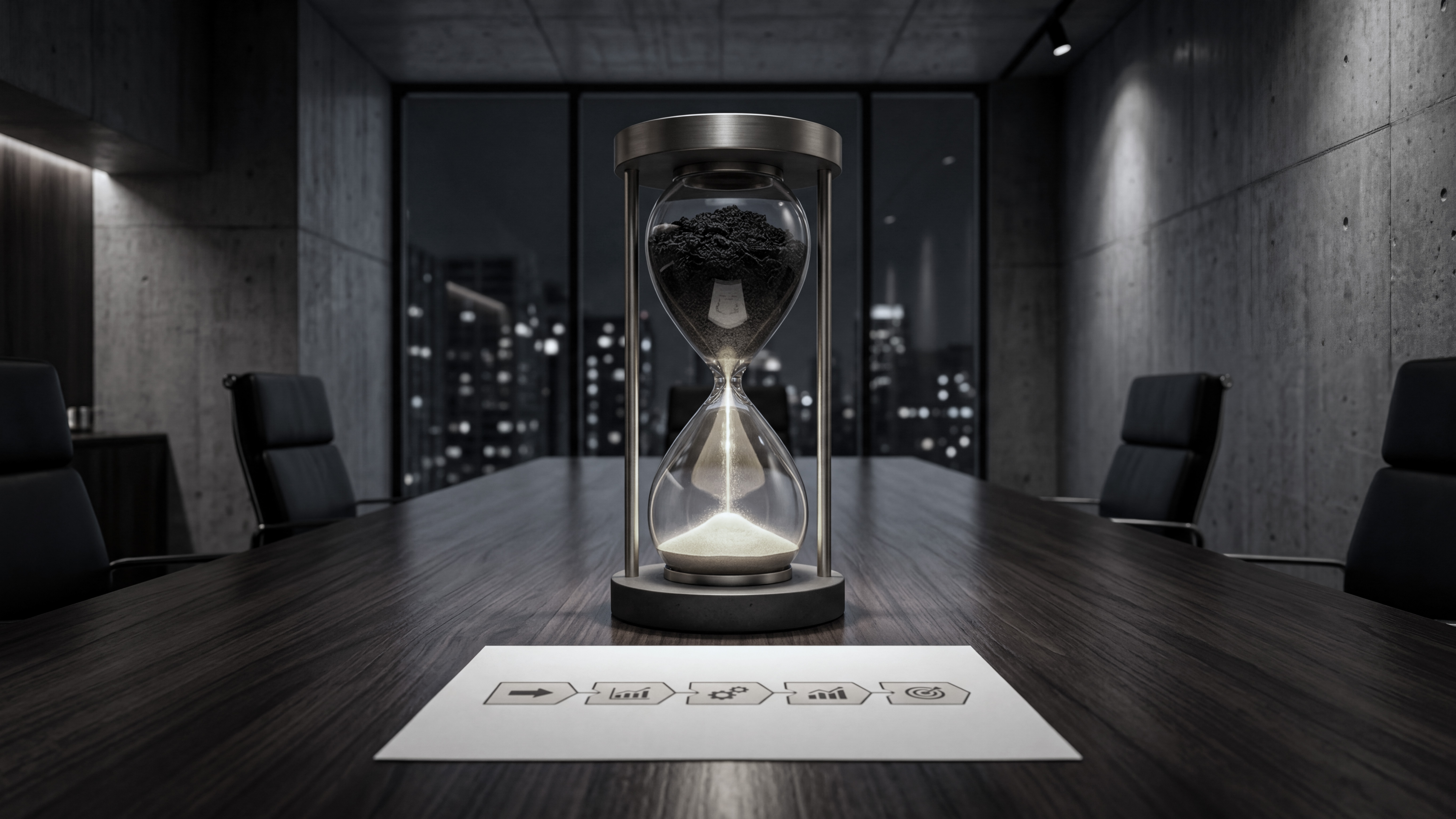 A high-end visual metaphor of a designer hourglass on a boardroom table, showing dense black sand compressing and transforming into a glowing golden light that illuminates a single, clean five-step strategic document.