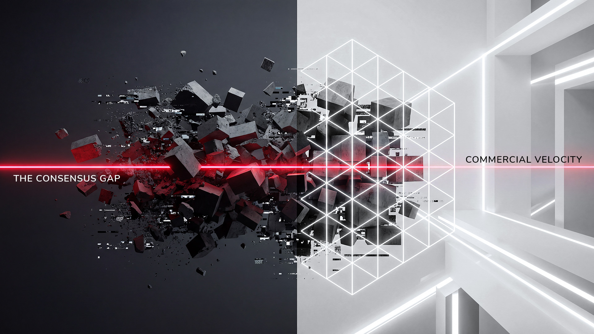 A conceptual illustration comparing 'The Consensus Gap' on the left with 'Commercial Velocity' on the right. The left side features a chaotic cloud of dark, floating concrete blocks representing organizational friction. A bright red laser beam cuts horizontally through the chaos, leading to the right side, which transforms into a pristine, glowing white wireframe grid representing structure and alignment. This visual metaphor depicts how narrative architecture turns sales complexity into engineered revenue speed.