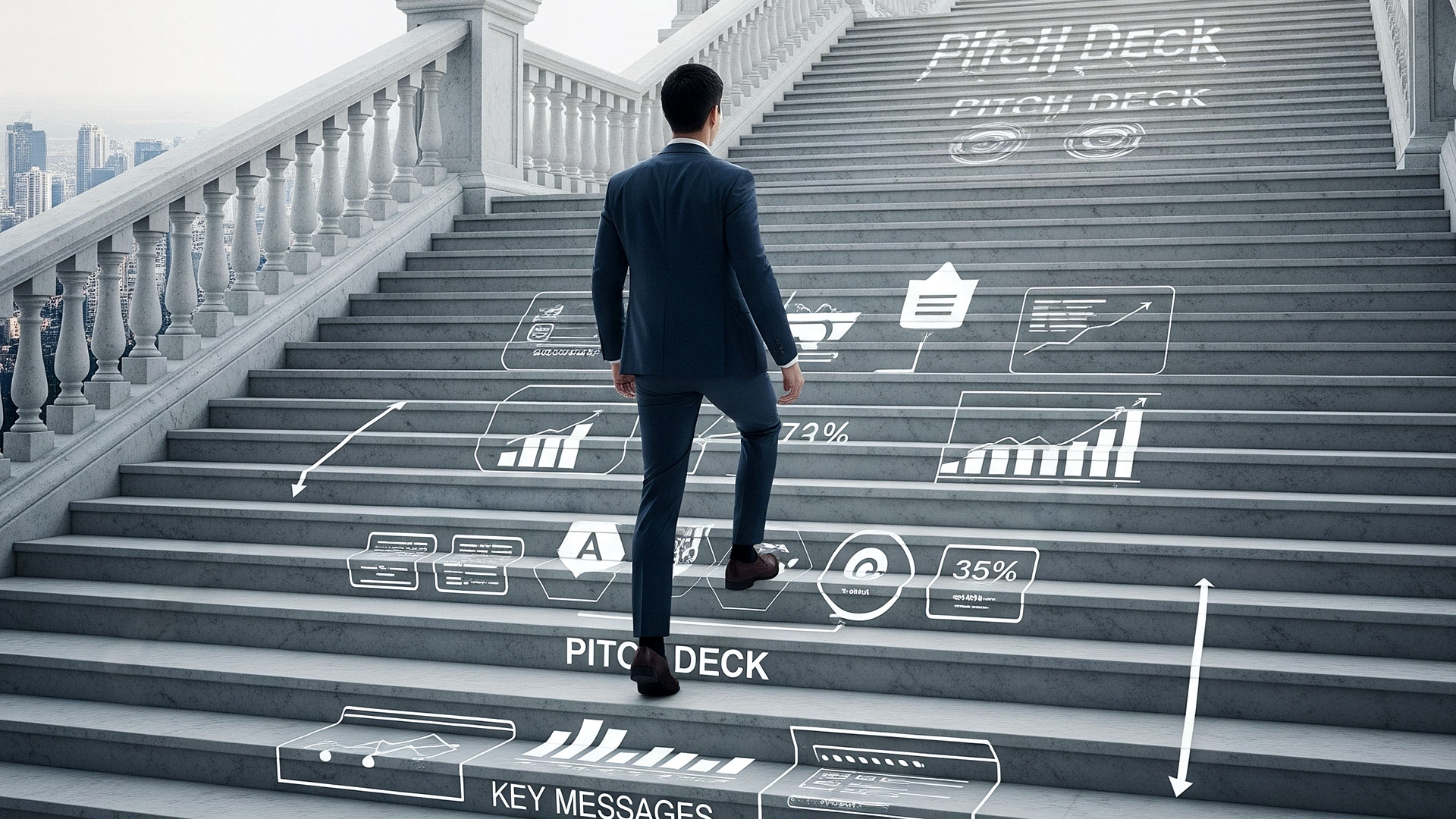A businessman in a suit climbs a large marble staircase, with each step representing a key part of a pitch deck, such as key messages and data charts.