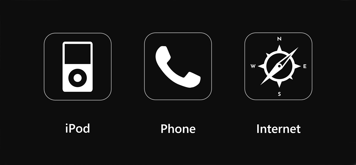 A slide from Steve Jobs' 2007 iPhone launch, showing three simple white icons (iPod, Phone, Internet) on a black background - a masterpiece of low cognitive load design.