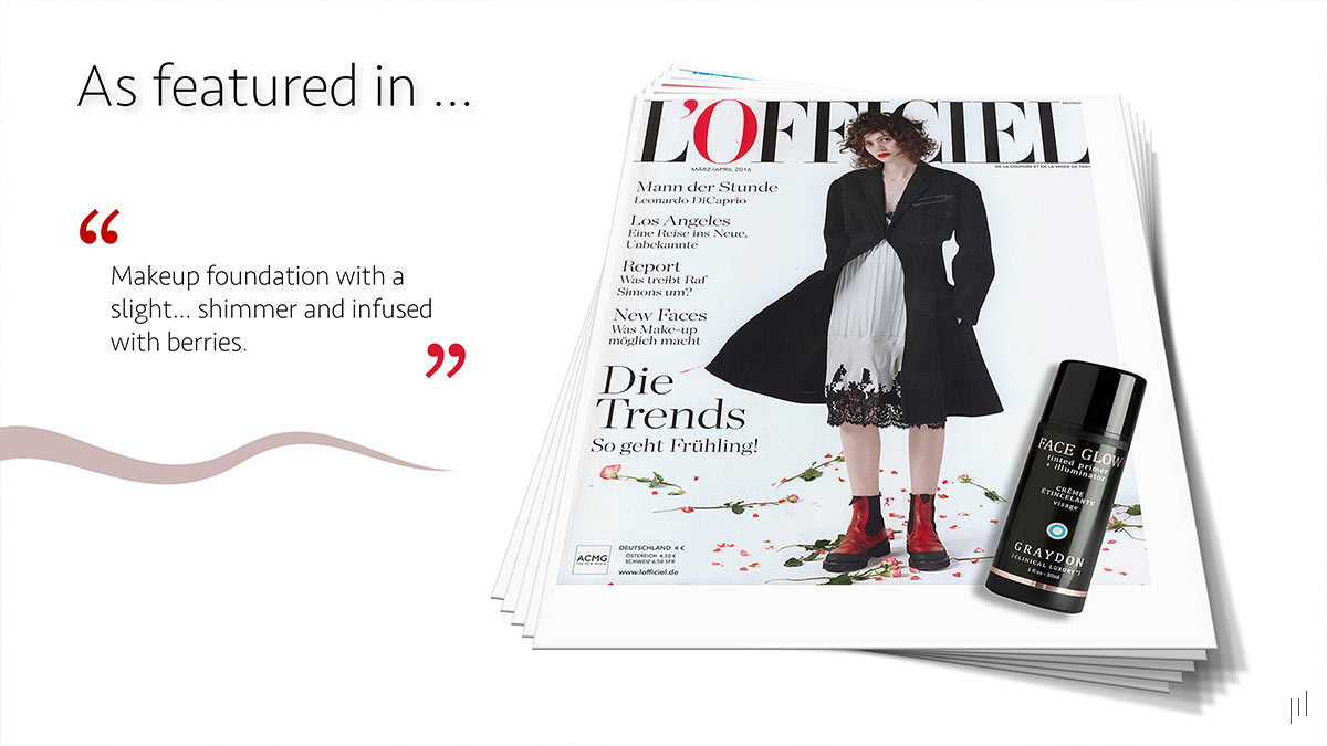 Graydon Skincare Sales Presentation – Slide highlighting the brand’s recognition in L'OFFICIEL magazine.