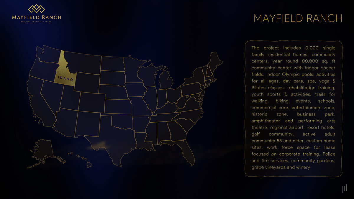 Mayfield Ranch Investor Pitch Deck – Slide highlighting the project’s location in Idaho and its regional significance.