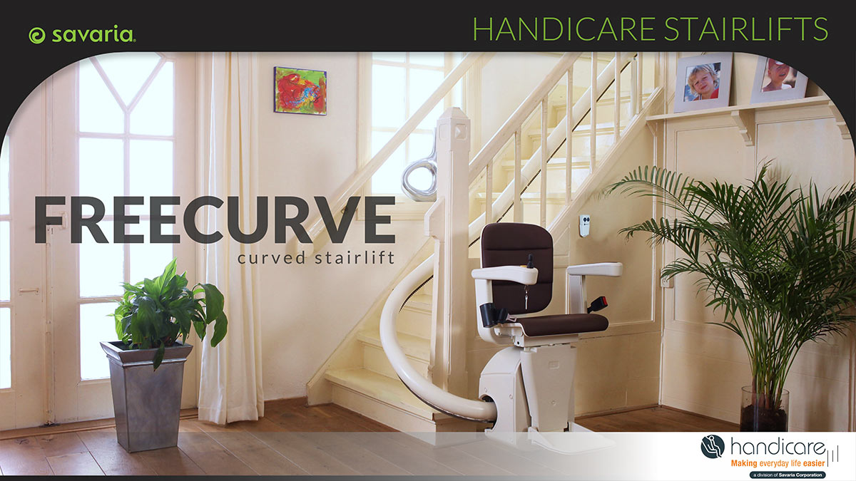 Savaria Company Profile – Slide presenting the Freecurve stairlift, designed for curved staircases with ergonomic functionality.