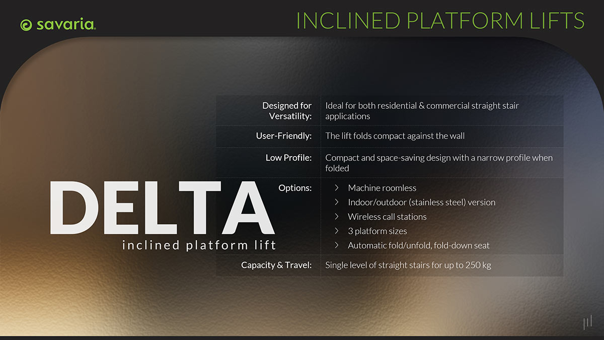 Savaria Company Profile – Slide detailing the Delta inclined platform lift, showcasing its adaptability for various accessibility needs.