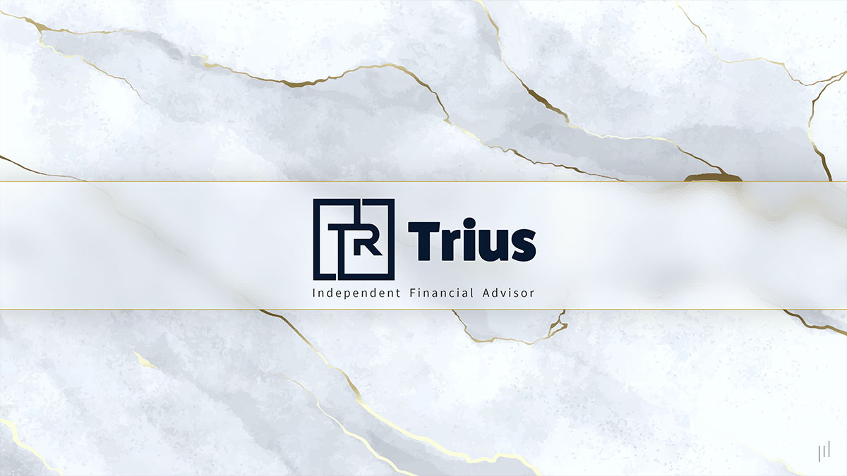 TRIUS Partners – Title slide featuring the presentation name over a light background image of a white stone with golden lines, symbolizing financial stability and precision.