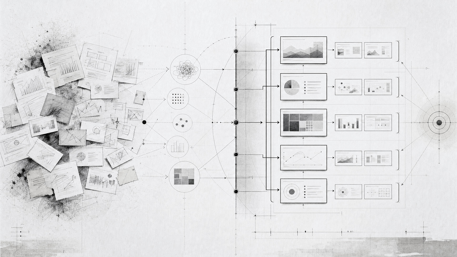Abstract architectural diagram showing scattered presentation drafts being organized into a structured narrative blueprint for a decision-ready presentation.